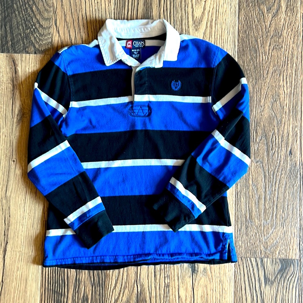 Chaps boys long sleeve polo, rugby shirt with blue, black and white strips.